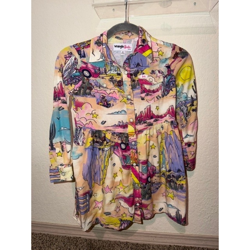 Wrangler x Barbie Girls Western Snap Front Dress Desert Rainbow Print Size M